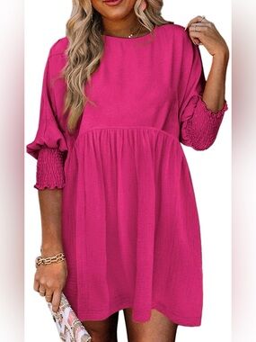 Dokotoo Women's Smocked Sleeve empire waist Babydoll Dress - Pink
